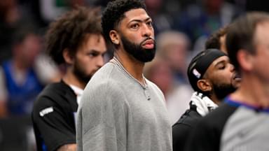 Nov 19, 2025; Dallas, Texas, USA; Dallas Mavericks forward Anthony Davis (3) looks on from the bench during the second half against the New York Knicks at the American Airlines Center.