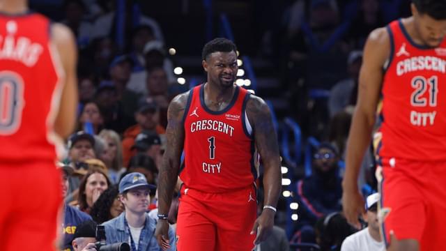 Nov 2, 2025; Oklahoma City, Oklahoma, USA; New Orleans Pelicans forward Zion Williamson (1) reacts after a call against him following a play against the Oklahoma City Thunder during the second quarter at Paycom Center. Mandatory Credit: Alonzo Adams-Imagn Images