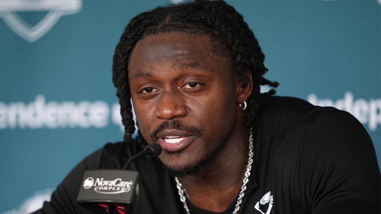 Philadelphia Eagles wide receiver A.J. Brown (11) addresses media during training camp at NovaCare Complex.