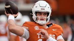 Texas Longhorns quarterback Arch Manning (16) warms up before a game against the Vanderbilt Commodores at Darrell K Royal-Texas Memorial Stadium.
