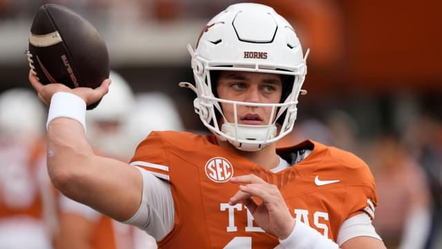 Texas Longhorns quarterback Arch Manning (16) warms up before a game against the Vanderbilt Commodores at Darrell K Royal-Texas Memorial Stadium.