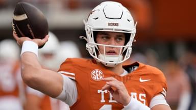 Texas Longhorns quarterback Arch Manning (16) warms up before a game against the Vanderbilt Commodores at Darrell K Royal-Texas Memorial Stadium.