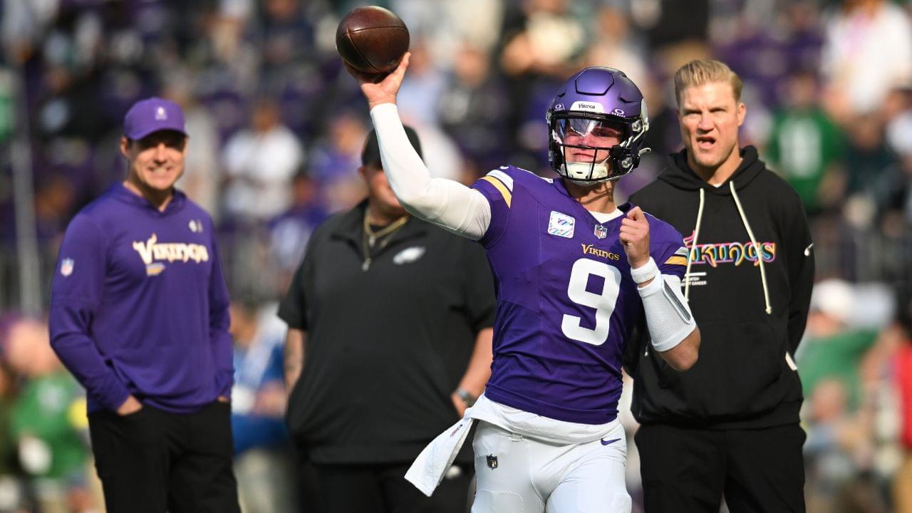 Minnesota Vikings quarterback J.J. McCarthy (9) throws a pass during warm ups before the game against the Philadelphia Eagles at U.S. Bank Stadium.