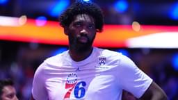 Oct 31, 2025; Philadelphia, Pennsylvania, USA; Philadelphia 76ers center Joel Embiid (21) looks on before the game against the Boston Celtics at Xfinity Mobile Arena