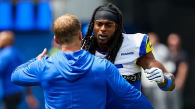 Los Angeles Rams wide receiver Davante Adams (17) hugs coach Sean McVay before the game against the Houston Texans at SoFi Stadium.