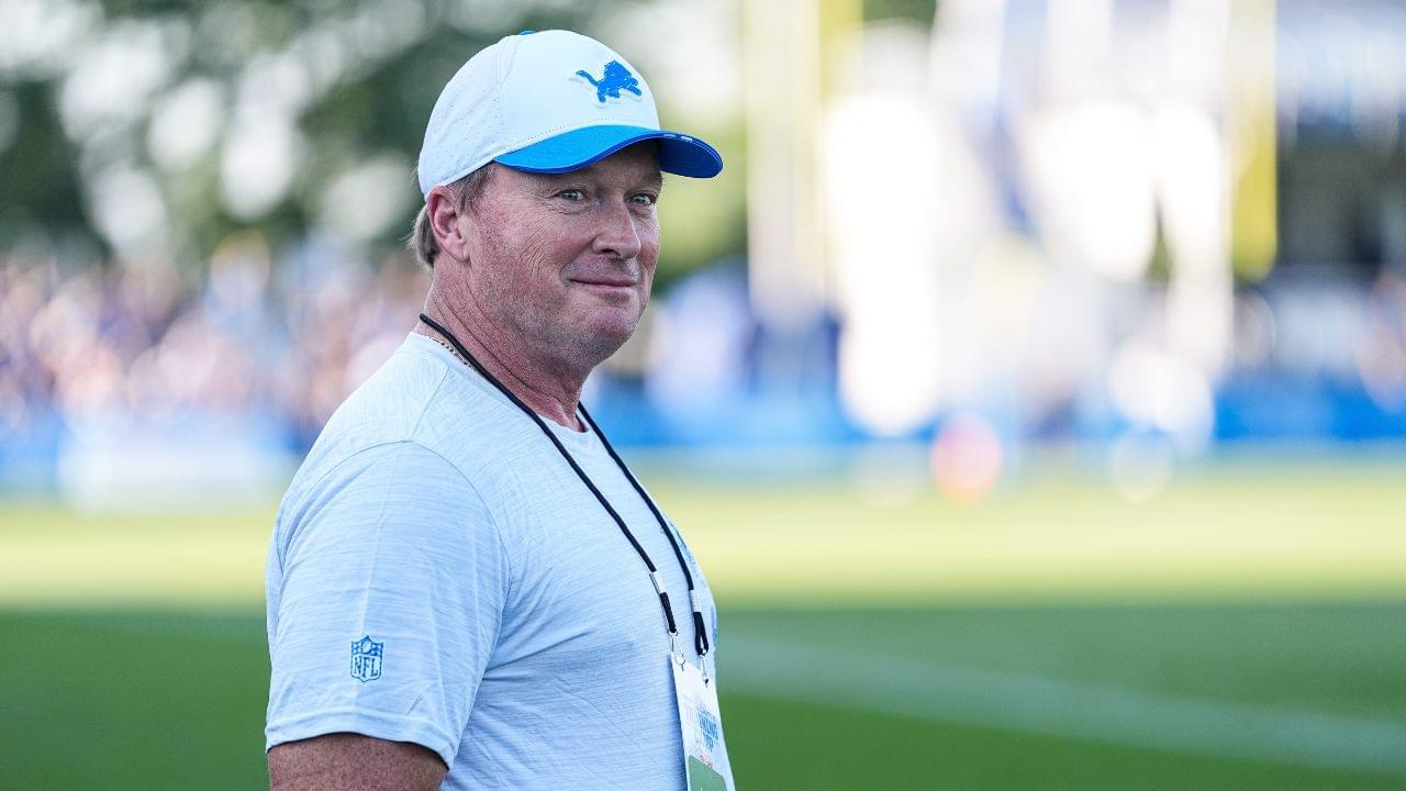 Jon Gruden watches practice during training camp at Meijer Performance Center in Allen Park on Monday, July 28, 2025.