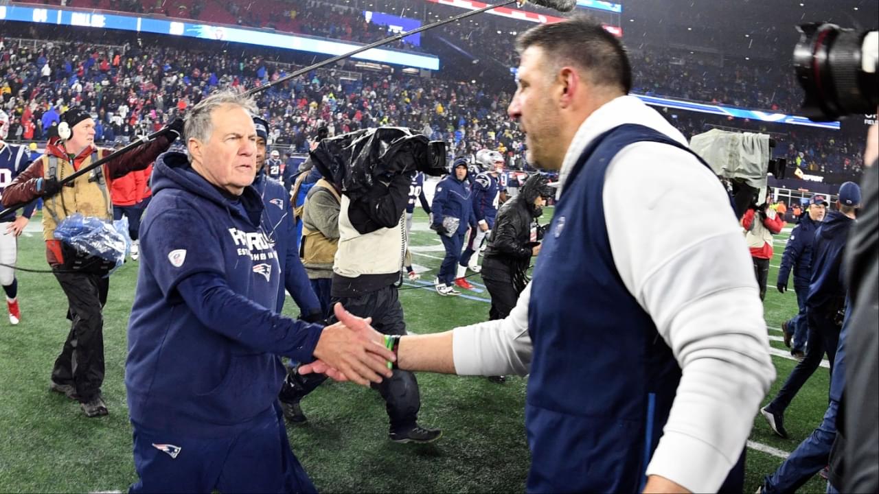 New England Patriots head coach Bill Belichick shakes hands with Tennessee Titans head coach Mike Vrabel after the Patriots lost to the Titans at Gillette Stadium.