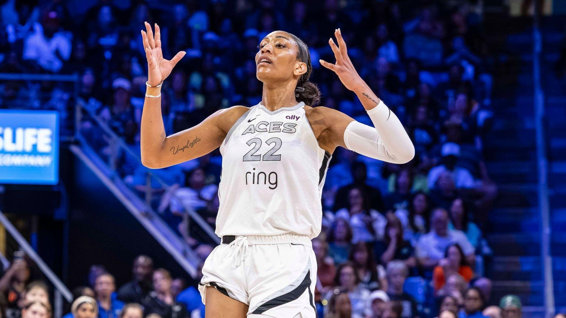 July 27, 2025, Arlington, Texas, USA: Las Vegas Aces center AJA WILSON (22) reacts to a missed shot during a WNBA, Basketball Damen, USA game between the Las Vegas Aces and Dallas Wings at College Park Center.