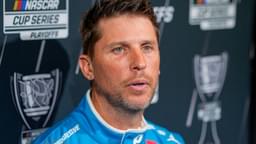 Aug 27, 2025; Charlotte, NC, USA; Denny Hamlin answers questions from the media during NASCAR Cup Series Playoff Media Day at Charlotte Convention Center.