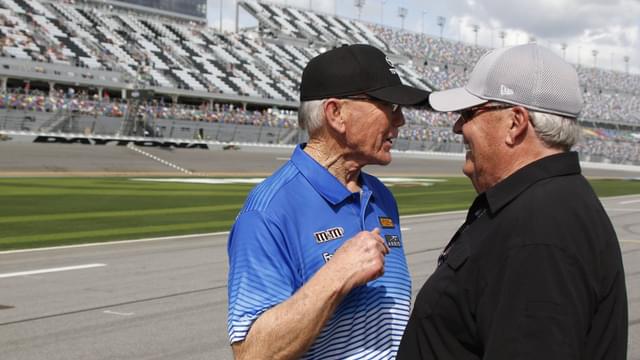DAYTONA, FL - FEBRUARY 11: Team Owners Joe Gibbs and Rick Hendrick during Daytona 500 Qualifying on Sunday 11, 2018 at Daytona International Speedway in Daytona Beach, Florida
