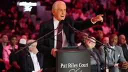 Miami Heat president Pat Riley addresses the crowd during the Pat Riley Court dedication ceremony at halftime at Kaseya Center