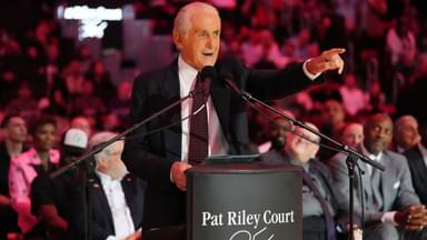 Miami Heat president Pat Riley addresses the crowd during the Pat Riley Court dedication ceremony at halftime at Kaseya Center
