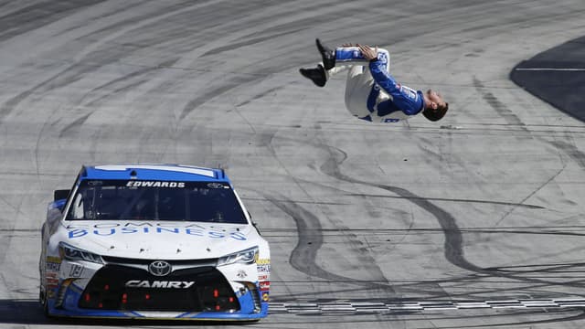 April 17, 2015: Carl Edwards does a backflip to celebrate winning the Food City 500 NASCAR Motorsport USA Sprint Cup race at the Bristol Motor Speedway in Bristol, TN