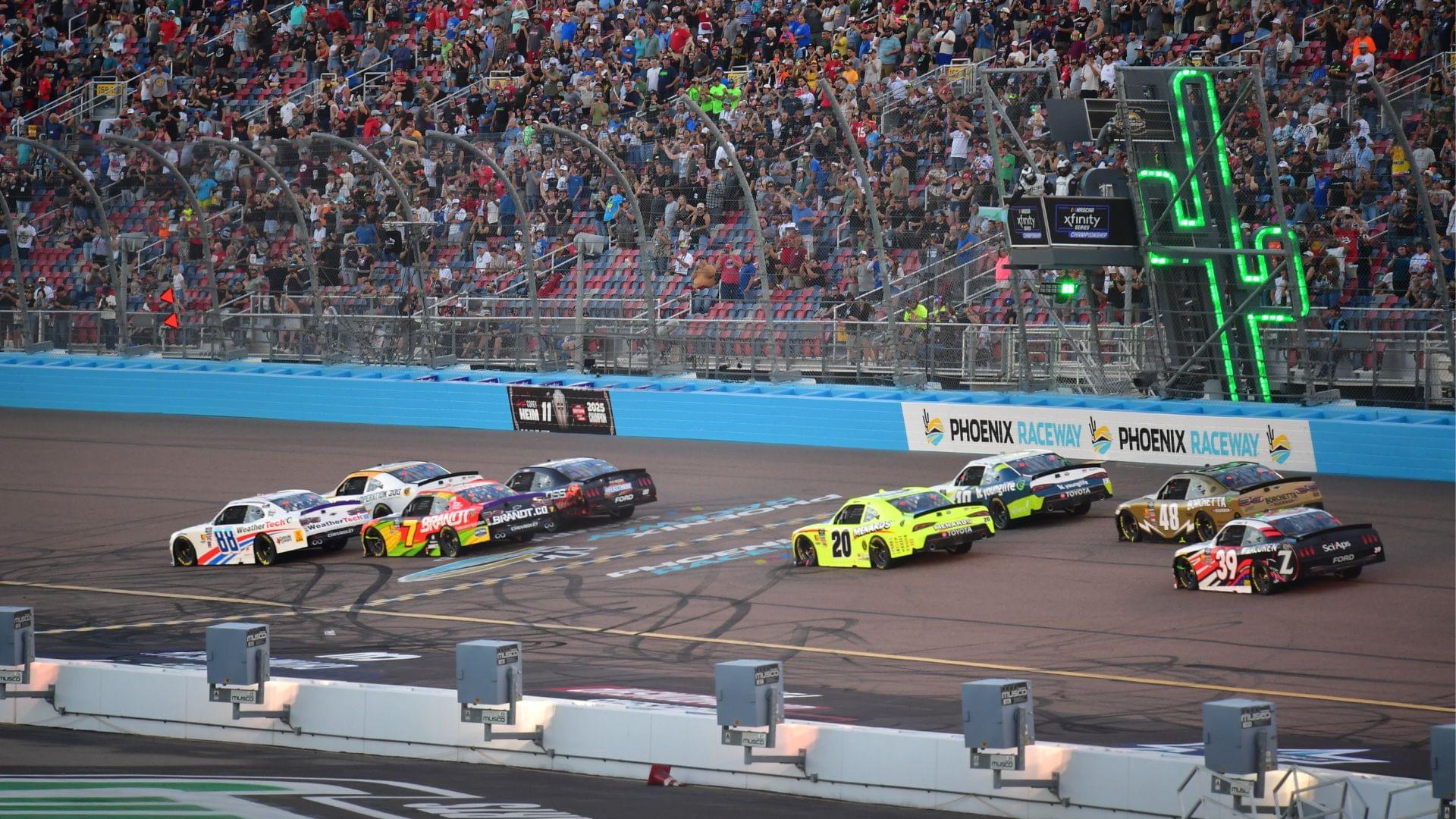 Nov 1, 2025; Avondale, Arizona, USA; NASCAR Xfinity Series driver Connor Zilisch (88) leads the restart during the Xfinity Series Championship race at Phoenix Raceway
