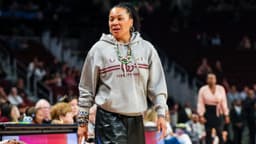South Carolina Gamecocks head coach Dawn Staley directs her tam against the Queens Royals in the second half at Colonial Life Arena