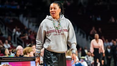 South Carolina Gamecocks head coach Dawn Staley directs her tam against the Queens Royals in the second half at Colonial Life Arena