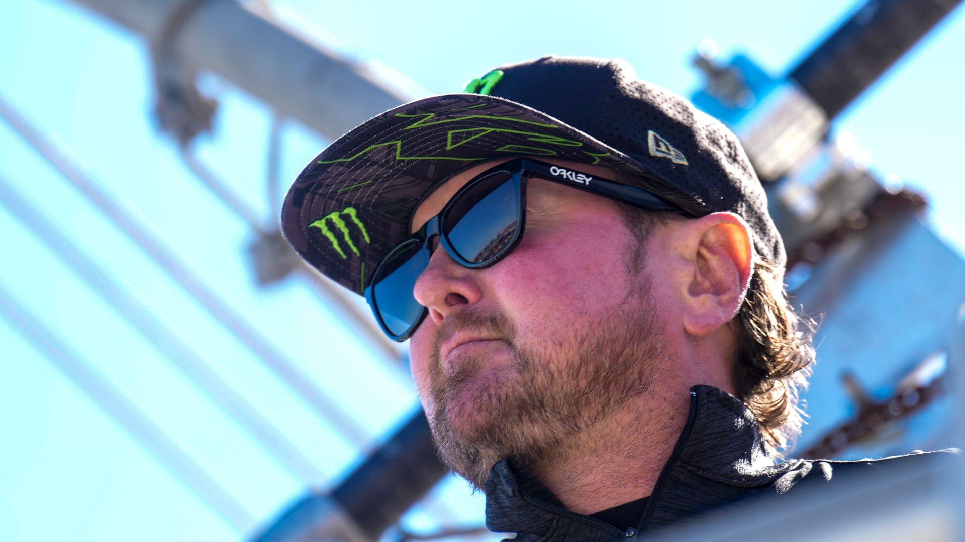 Oct 8, 2023; Concord, North Carolina, USA; dFormer NASCAR driver Kurt Busch on the flag stand as the honorary starter during the Bank of America Roval 400 at Charlotte Motor Speedway Road Course