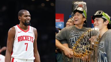 Kevin Durant (L) and Los Angeles Dodgers players celebrating their World Series Win (R)