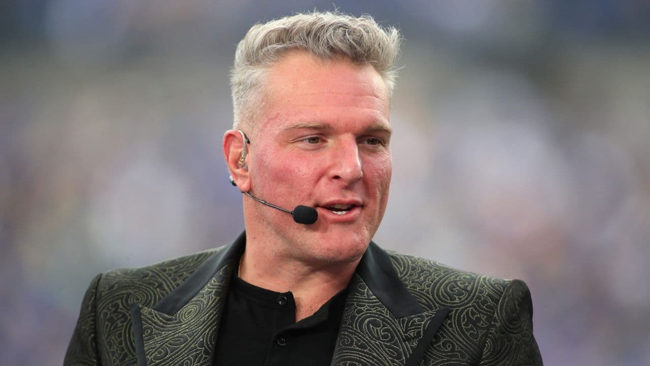 ESPN analyst Pat McAfee broadcasts live from the sidelines of Acrisure Stadium in Pittsburgh, PA prior to the start of the Pittsburgh Panthers vs Notre Dame Fighting Irish game on November 15, 2025