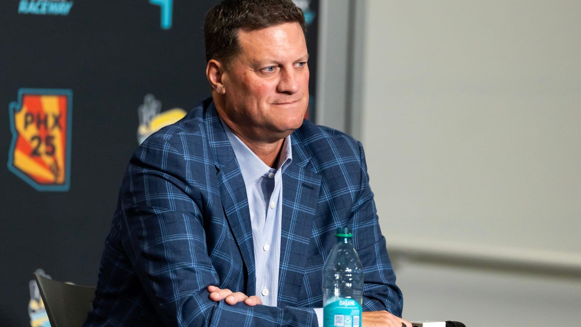 Oct 31, 2025; Avondale, Arizona, USA; NASCAR president Steve O'Donnell speaks to the media during the state of the sport press conference in the media center at Phoenix Raceway.