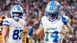 Detroit Lions wide receiver Amon-Ra St. Brown (14) celebrates a touchdown against Washington Commanders during the first half at Northwest Stadium in Landover, Md. on Sunday, November 9, 2025.