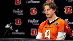 Cincinnati Bengals quarterback Joe Burrow speaks at a press conference at Paycor Stadium in Cincinnati on Nov. 25, 2025.