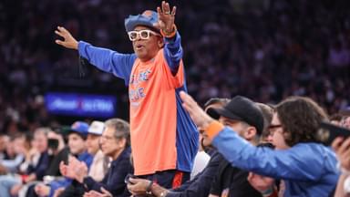 May 10, 2025; New York, New York, USA; Actor and filmmaker Spike Lee watches game three of the second round for the 2025 NBA Playoffs between the Boston Celtics and the New York Knicks at Madison Square Garden. Mandatory Credit: Wendell Cruz-Imagn Images