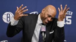 Former NBA star Vince Carter speaks at a jersey retirement press conference before a game between the Brooklyn Nets and the Miami Heat at Barclays Center.