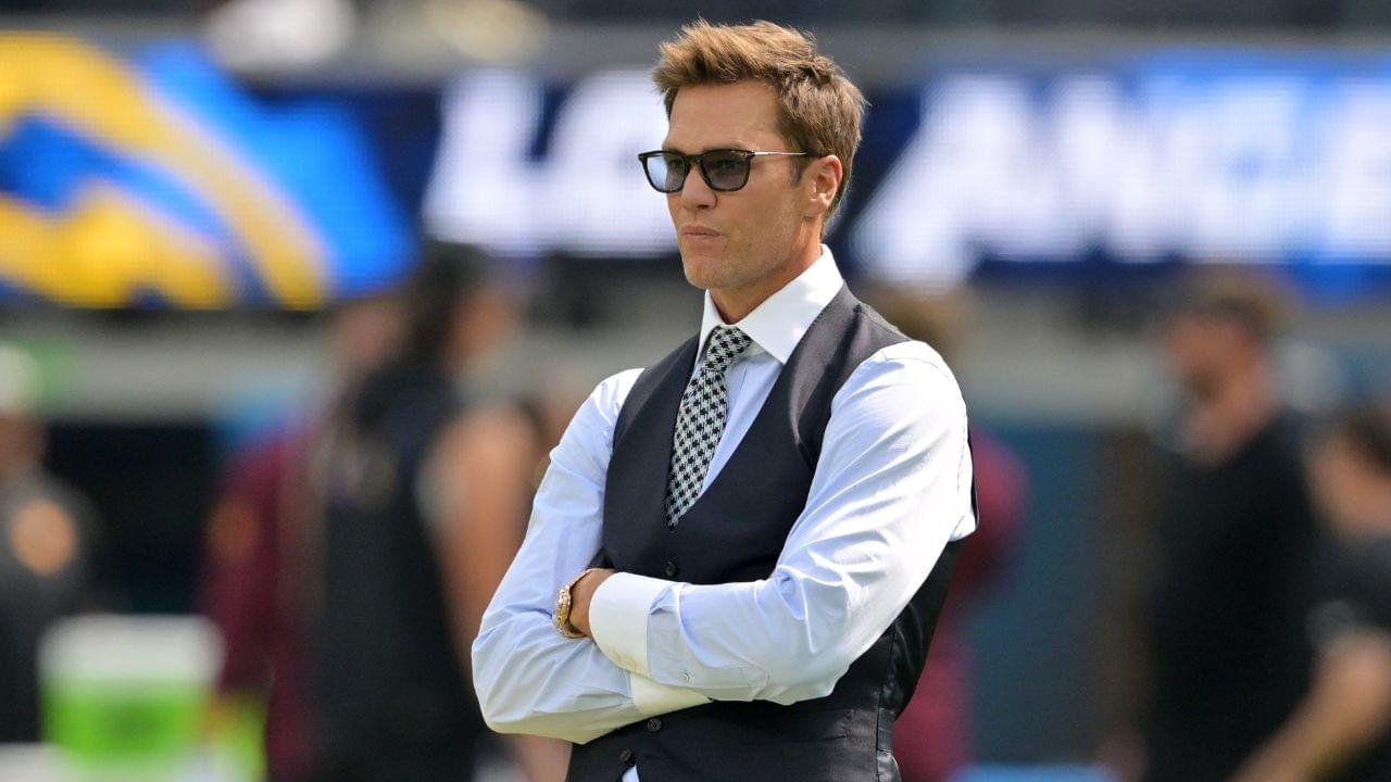 Tom Brady looks on before the game between the Los Angeles Chargers and the Washington Commanders at SoFi Stadium.
