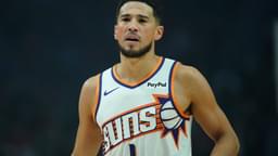 Nov 18, 2025; Portland, Oregon, USA; Phoenix Suns guard Devin Booker (1) looks on during the first half against the Portland Trail Blazers at Moda Center.