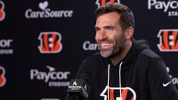 Bengals quarterback Joe Flacco smiles during a press conference at Paycor Stadium in Cincinnati on Oct. 14, 2025.