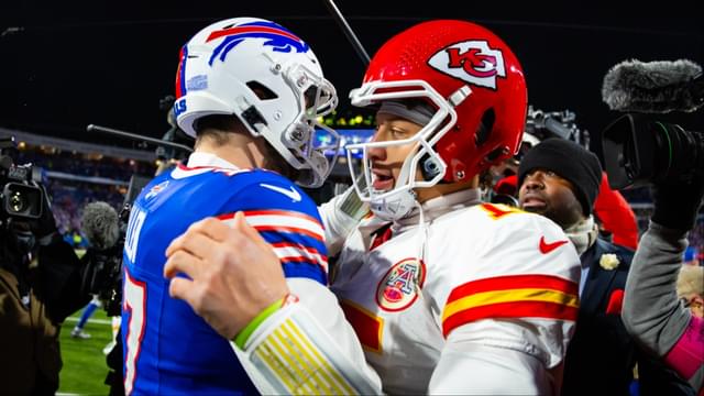 Kansas City Chiefs quarterback Patrick Mahomes (15) greets Buffalo Bills quarterback Josh Allen (17) following the 2024 AFC divisional round game at Highmark Stadium.