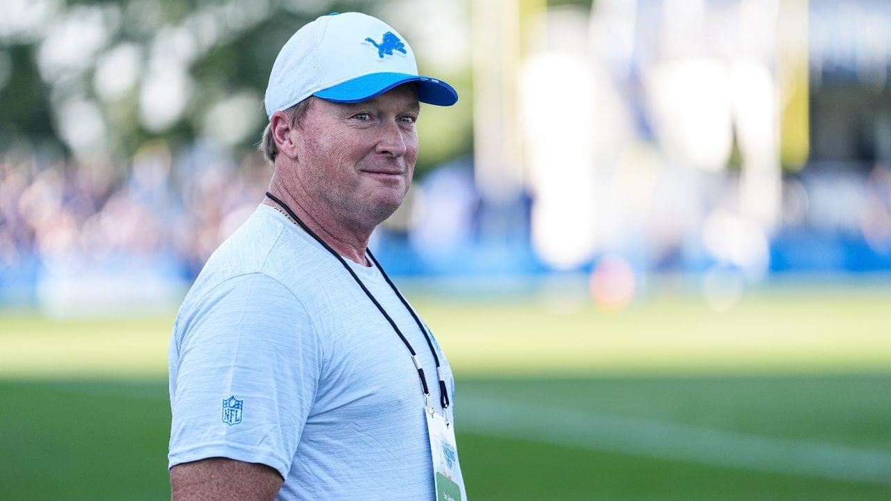 Jon Gruden watches practice during training camp at Meijer Performance Center in Allen Park on Monday, July 28, 2025.