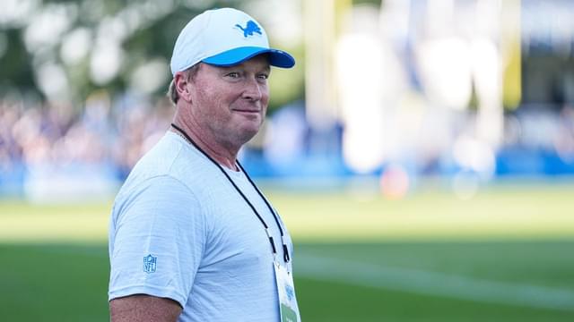 Jon Gruden watches practice during training camp at Meijer Performance Center in Allen Park on Monday, July 28, 2025.