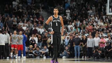 Nov 8, 2025; San Antonio, Texas, USA; San Antonio Spurs forward Victor Wembanyama (1) looks up in the second half against the New Orleans Pelicans at Frost Bank Center.