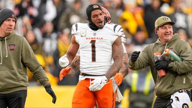 Cincinnati Bengals wide receiver Ja'Marr Chase (1) is pushed out of a skirmish at midfield in the fourth quarter of the NFL Week 11 game between the Pittsburgh Steelers and the Cincinnati Bengals at Acrisure Stadium in Pittsburgh on Sunday, Nov. 16, 2025. The Bengals lost 34-12.