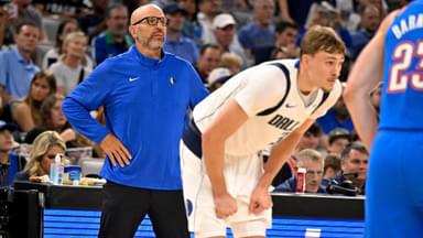 Dallas Mavericks Head Coach Jason Kidd watches forward Cooper Flagg (32) on the court during the second quarter against the Oklahoma City Thunder at Dickie's Arena.