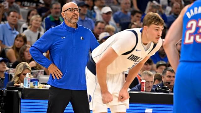 Dallas Mavericks Head Coach Jason Kidd watches forward Cooper Flagg (32) on the court during the second quarter against the Oklahoma City Thunder at Dickie's Arena.