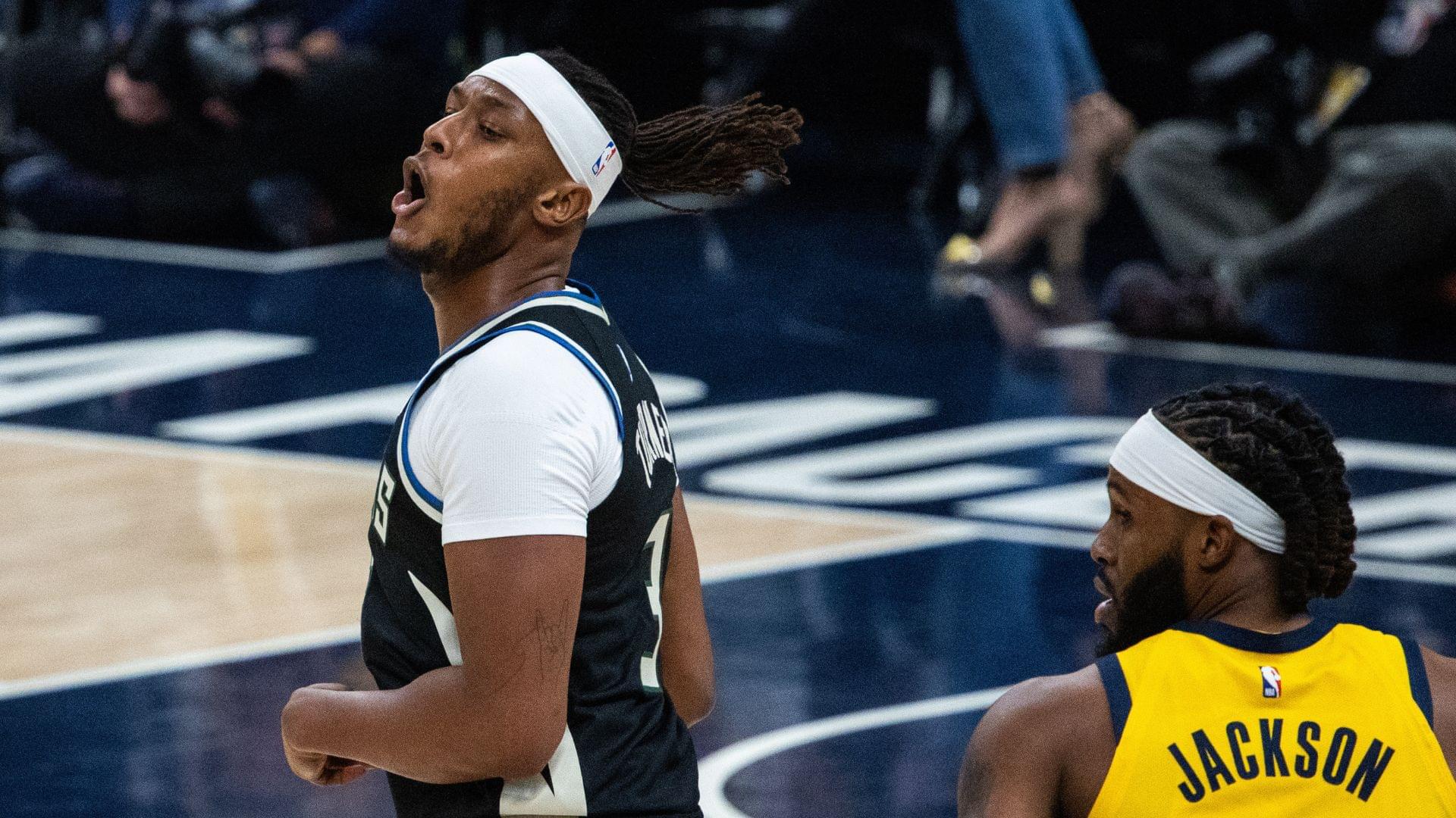 Nov 3, 2025; Indianapolis, Indiana, USA; Milwaukee Bucks center/forward Myles Turner (3) celebrates a basket in the first half against the Indiana Pacers at Gainbridge Fieldhouse.