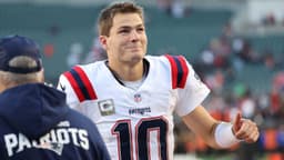 New England Patriots quarterback Drake Maye (10) reacts after defeating the Cincinnati Bengals at Paycor Stadium.