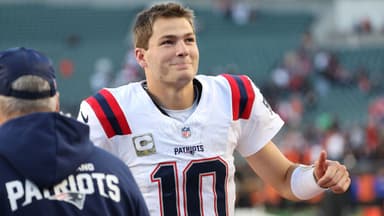 New England Patriots quarterback Drake Maye (10) reacts after defeating the Cincinnati Bengals at Paycor Stadium.