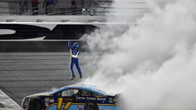 Jul 1, 2017; Daytona Beach, FL, USA; NASCAR Cup Series driver Ricky Stenhouse Jr. (17) celebrates winning the Coke Zero 400 Powered by Coca-Cola at Daytona International Speedway.