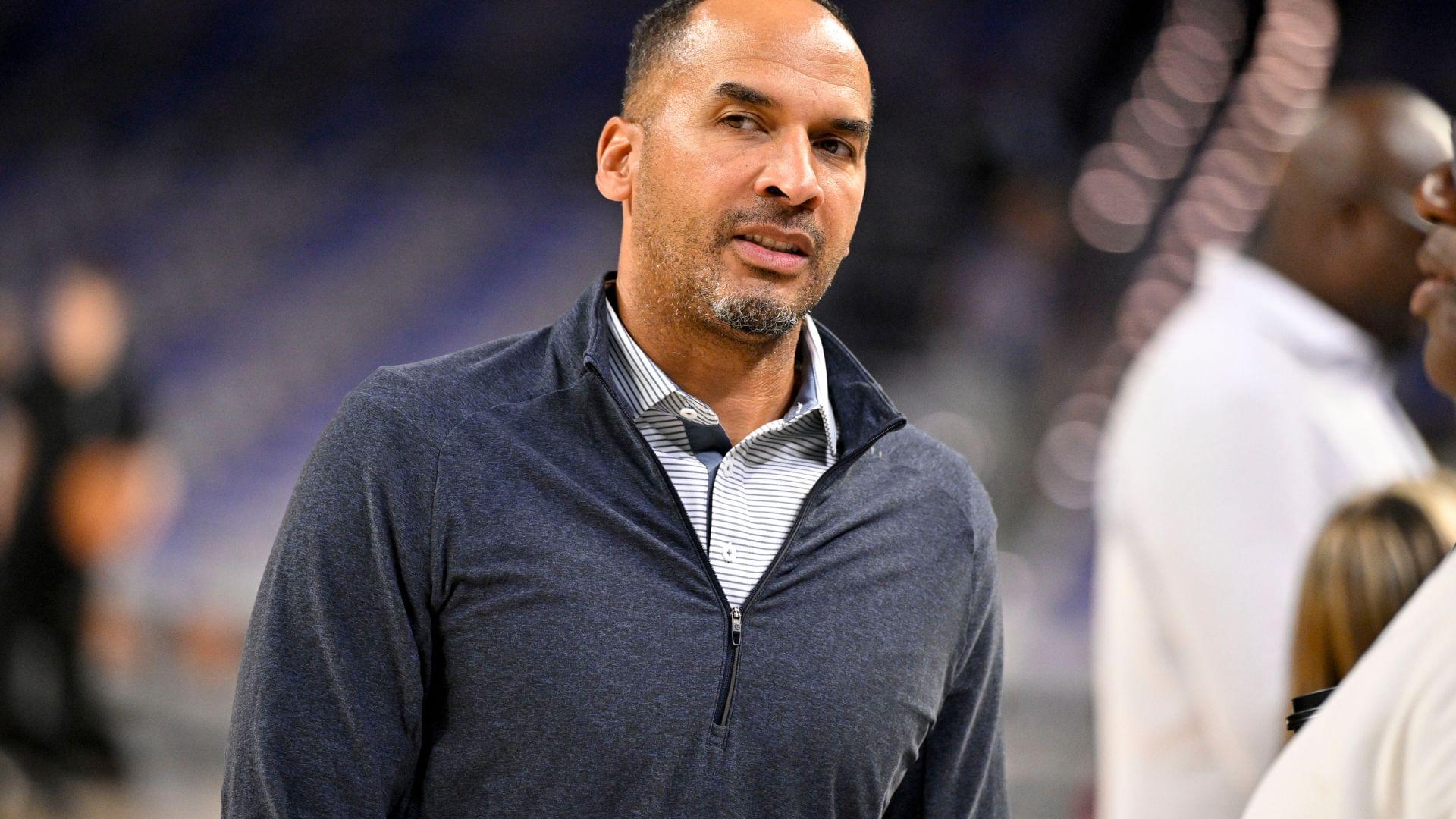 Oct 6, 2025; Fort Worth, Texas, USA; Dallas Mavericks general manager Nico Harrison looks on before the game against the Oklahoma City Thunder at Dickie's Arena.