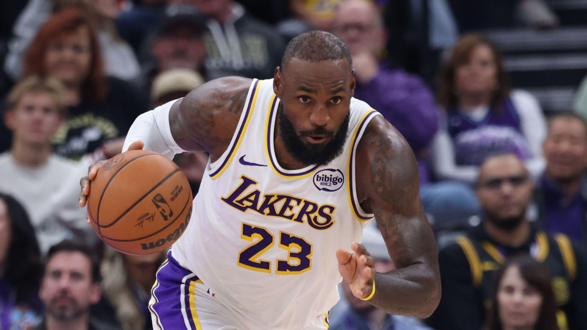 Nov 23, 2025; Salt Lake City, Utah, USA; Los Angeles Lakers forward LeBron James (23) brings the ball up the court against the Utah Jazz during the first half at Delta Center.