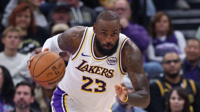 Nov 23, 2025; Salt Lake City, Utah, USA; Los Angeles Lakers forward LeBron James (23) brings the ball up the court against the Utah Jazz during the first half at Delta Center.