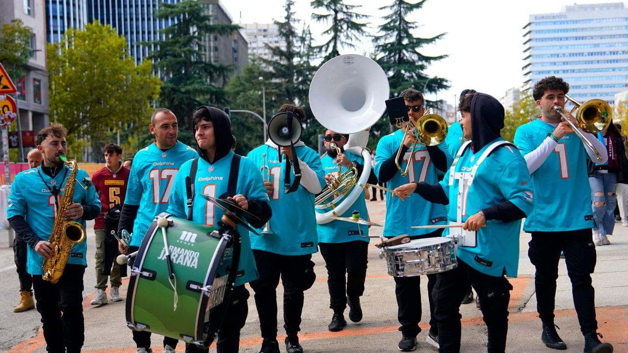 Miami Dolphins fans before the 2025 NFL Madrid Game against the Washington Commanders at Santiago Bernabeu Stadium.
