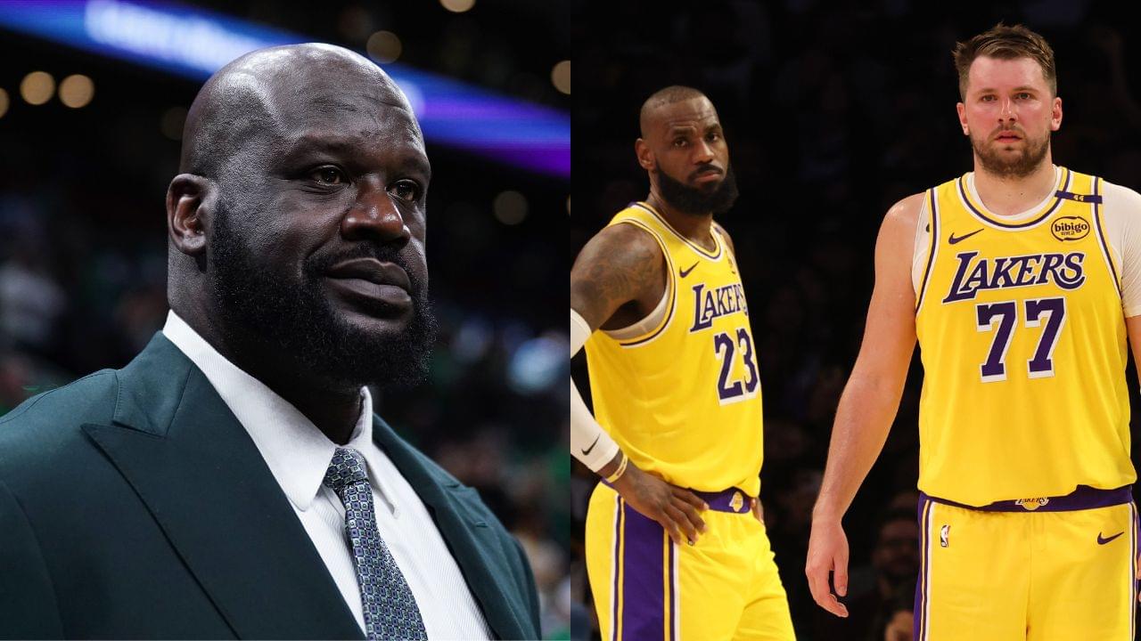 Shaquille O'Neal(L), LeBron James and Luka Doncic(R)