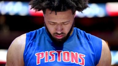 Nov 5, 2025; Detroit, Michigan, USA; Detroit Pistons guard Cade Cunningham (2) stands at attention during the National Anthem before their game against the Utah Jazz at Little Caesars Arena.