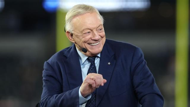 Dallas Cowboys owner Jerry Jones talks before the game against the Arizona Cardinals at AT&T Stadium.