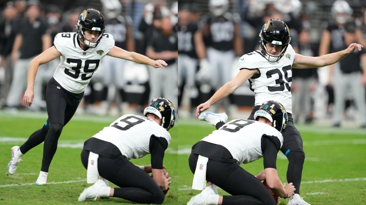 Cam Little kicking the ball vs. the Raiders